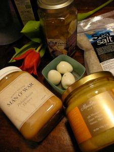 quails eggs, passionfruit curd, Man o War honey, alba goat's feta, South Pacific sea salt
